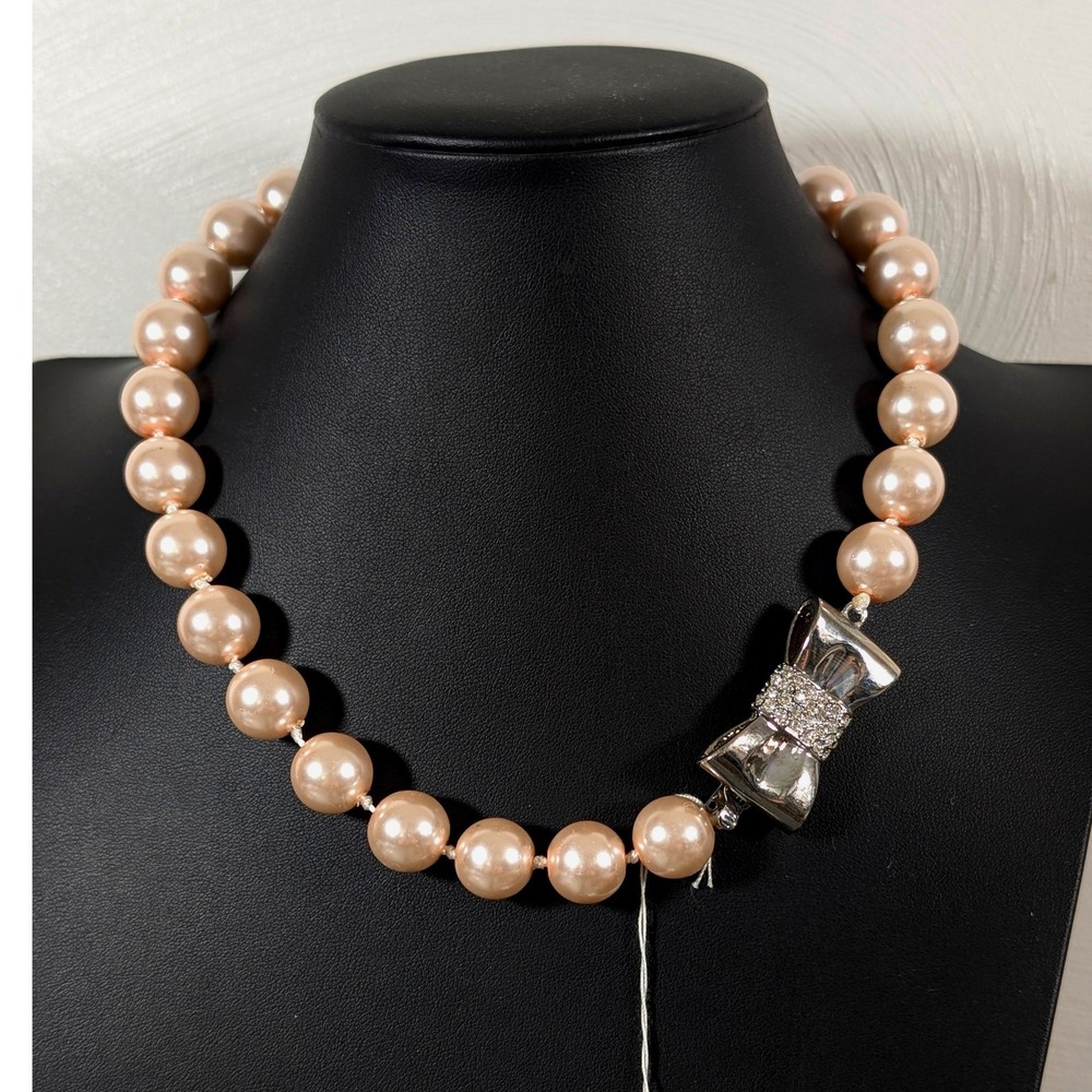 Park Lane Pink Faux Pearl Knotted Necklace Rhinestone Bow Clasp 18 Inch New